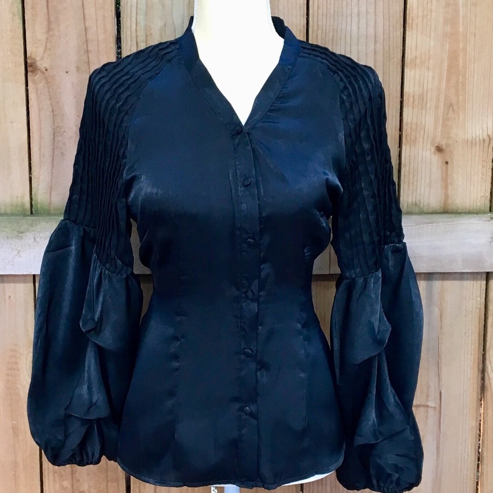 ALPHA & OMEGA Pleated Long Sleeve Satin Blouse NWT
